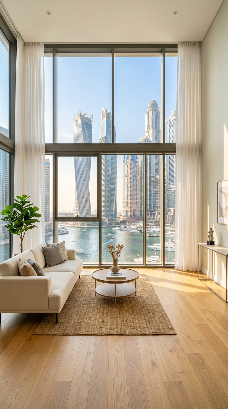 Sample listing photo of a Dubai Marina living room, used inside the generated story frame