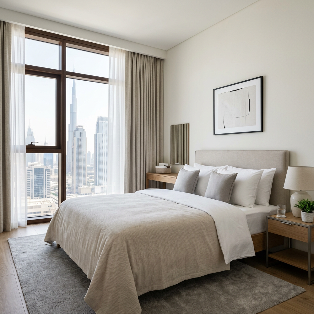 Sample bedroom photo with a view of Dubai skyline